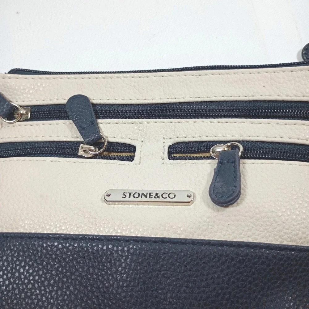 Stone & Co Wristlet Bag Cream Blue Colorblock Faux Leather Small Purse Clutch